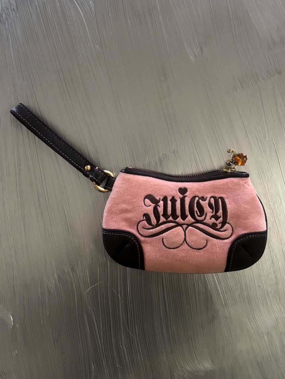 Juicy Couture Pink and Black Suede Wristlet with Gold Charm